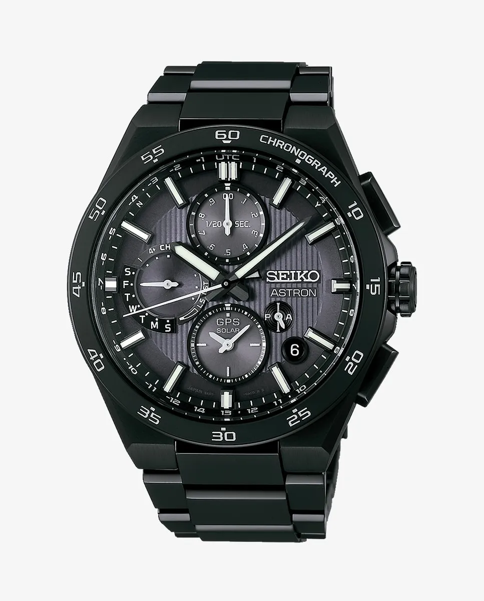 

Мужские часы Astron SSH155J1 из стали с черным ремешком Seiko, серебряный