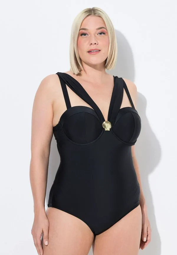 

Купальник с драпированными бретелями и косточками Ulla Popken, Black, Черный, Купальник с драпированными бретелями и косточками Ulla Popken, Black
