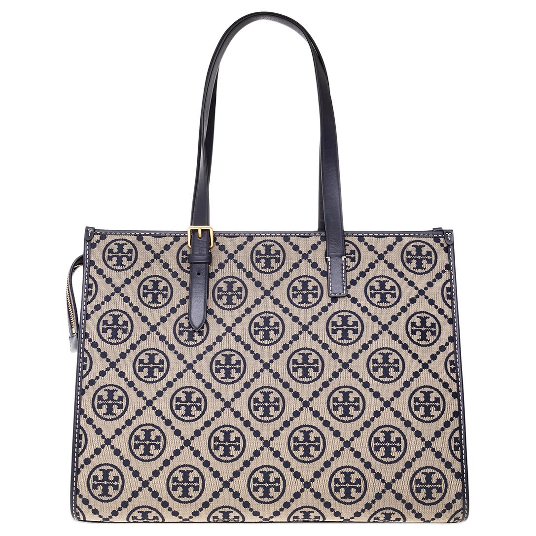 

Сумка-шоппер T Monogram из жаккардовой ткани с кожаной отделкой, наплечная сумка, женская, цвет Navy, TORY BURCH