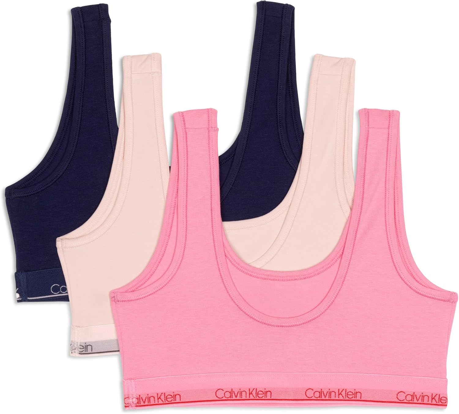 Комплект из 3 хлопковых бюстгальтеров-бралеттов Calvin Klein для девочек, Crystal Pink/Sachet Pink/Medieval Blue — фото 2