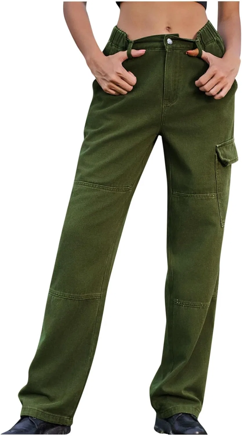 Штаны карго для активного отдыха, высокие, широкие, Y2K, Army Green