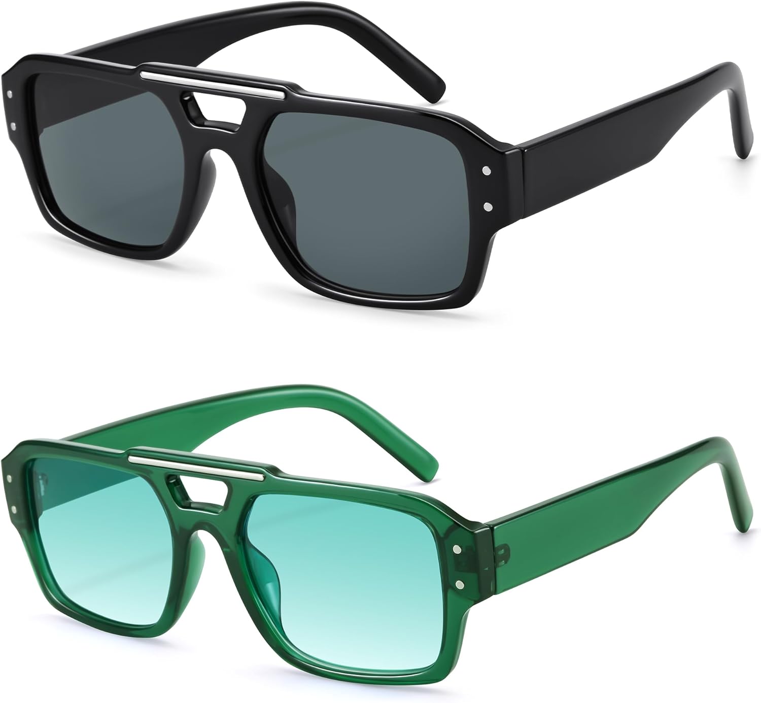 

Солнцезащитные очки Hycredi Retro Aviator для женщин и мужчин, модные квадратные очки в стиле 90-х, классические прямоугольные солнцезащитные очки в винтажном стиле 70-х, 2pack - Black/Gray + Green/Gradient Green