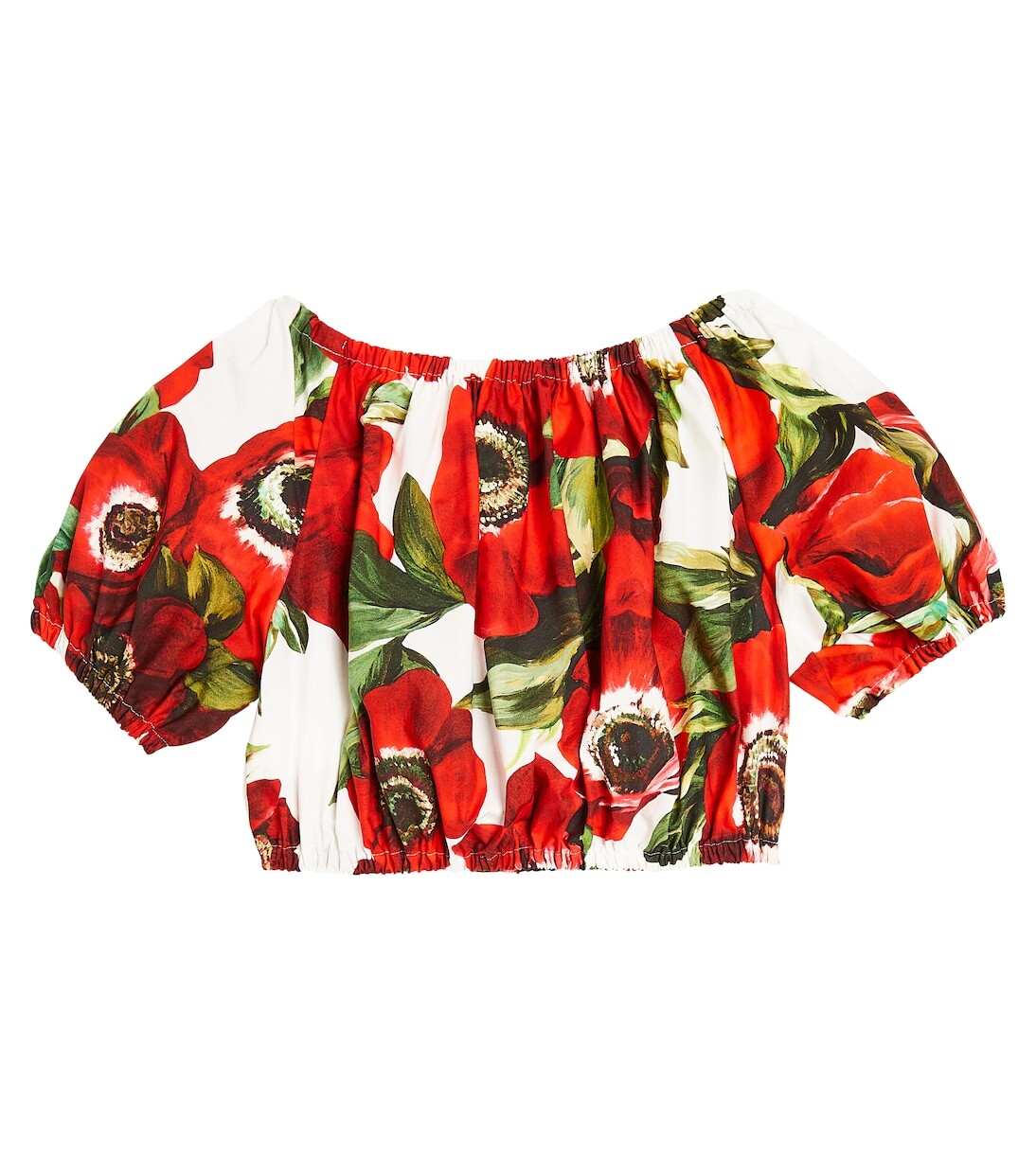 Хлопковый укороченный топ с открытыми плечами и цветочным принтом Dolce&Gabbana Kids, красный — фото 4
