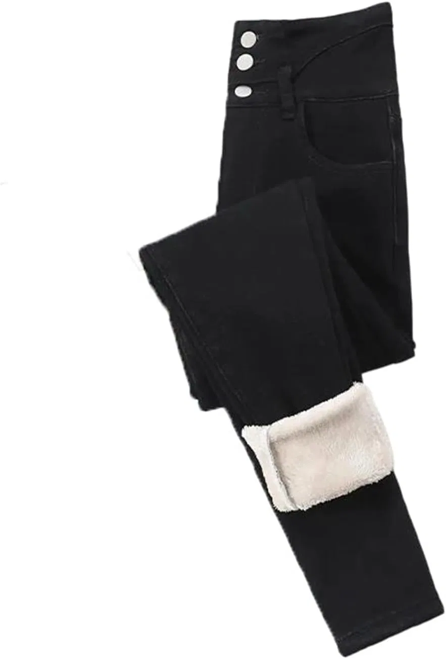 Джинсы высокие прямые с флисом, Black