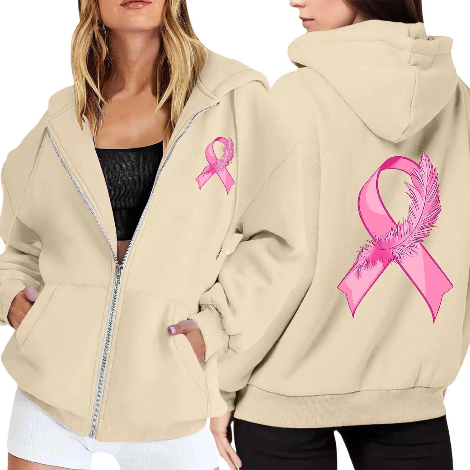 Женская худи с принтом, бренд Breast Cancer, на молнии, бежевый