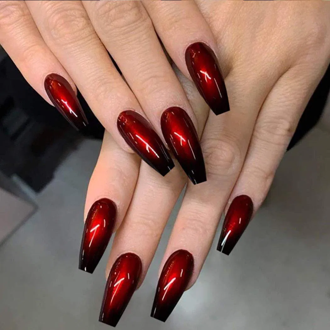 Длинные глянцевые накладные ногти Coffin Black and Red Ballerina, 24 шт. Handcess, Red