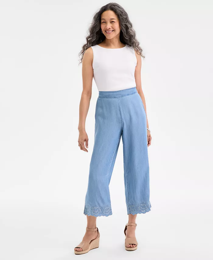 

Женские укороченные брюки из шамбрэя с вышитым подолом Style & Co, синий