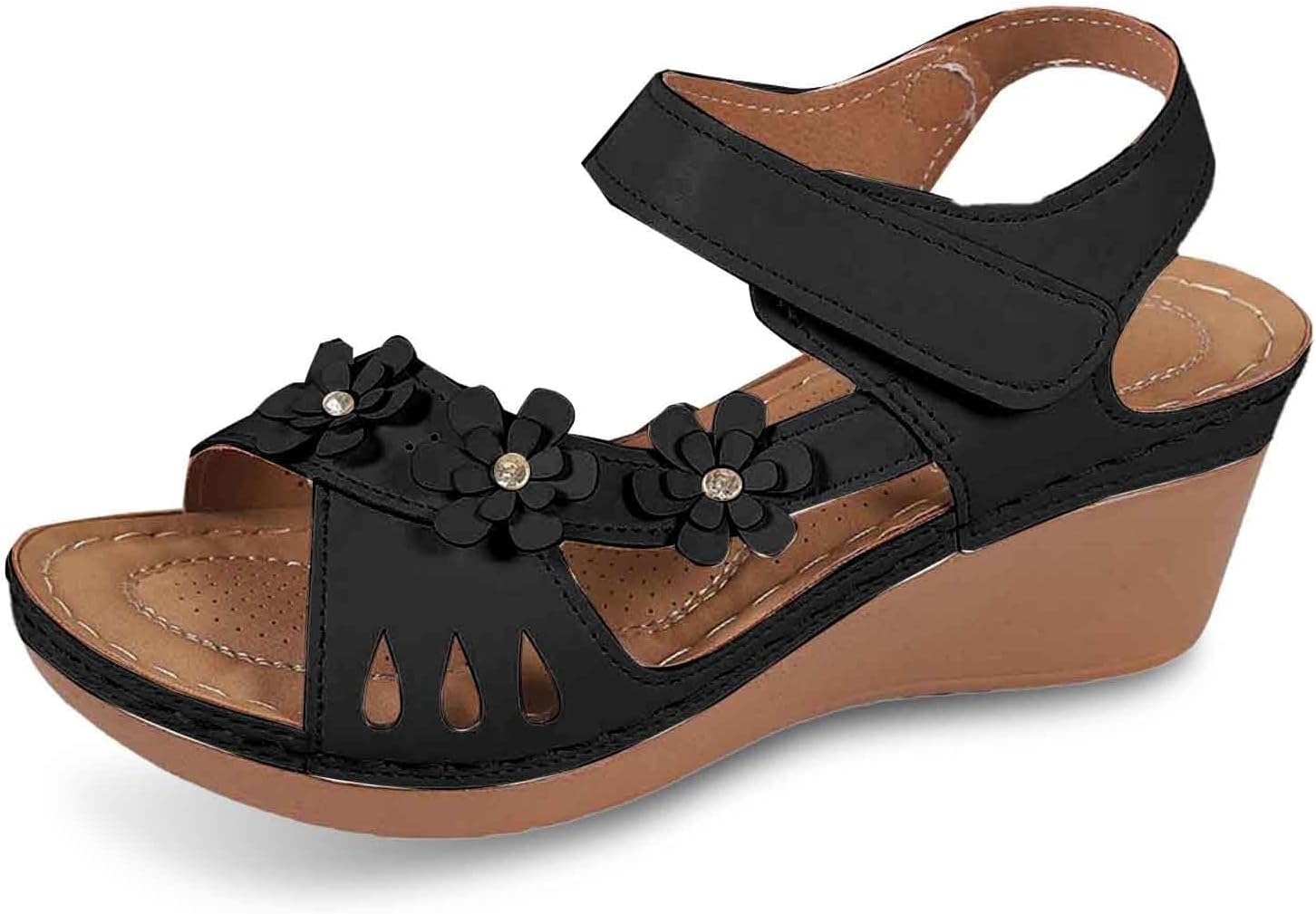 

Босоножки на танкетке для женщин, нарядная ортопедическая обувь с поддержкой свода, модные с открытым носком, на платформе, повседневные слипоны, летняя обувь, удобная для ходьбы Toumov, черный