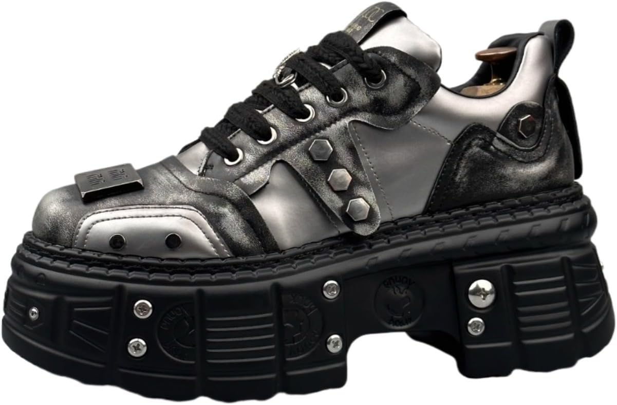 

Кроссовки в стиле Y2K с острыми элементами, из кожи, на высокой платформе для увеличения роста, повседневные и праздничные, уникальный металлический декор с заклепками, с подъемом на 5 см для мужчин Ctkvbmeoi, серый