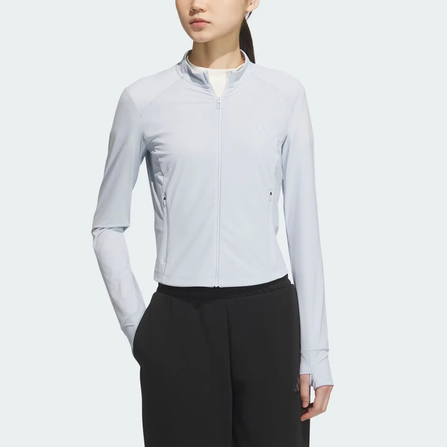 Adidas Женская куртка из технологичного трикотажа светло-голубого цвета, Light Blue — фото 3