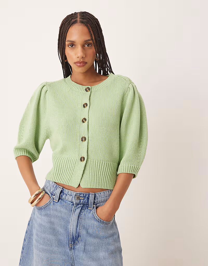 

Кардиган ASOS DESIGN с круглым вырезом и рукавами-фонариками фисташкового цвета