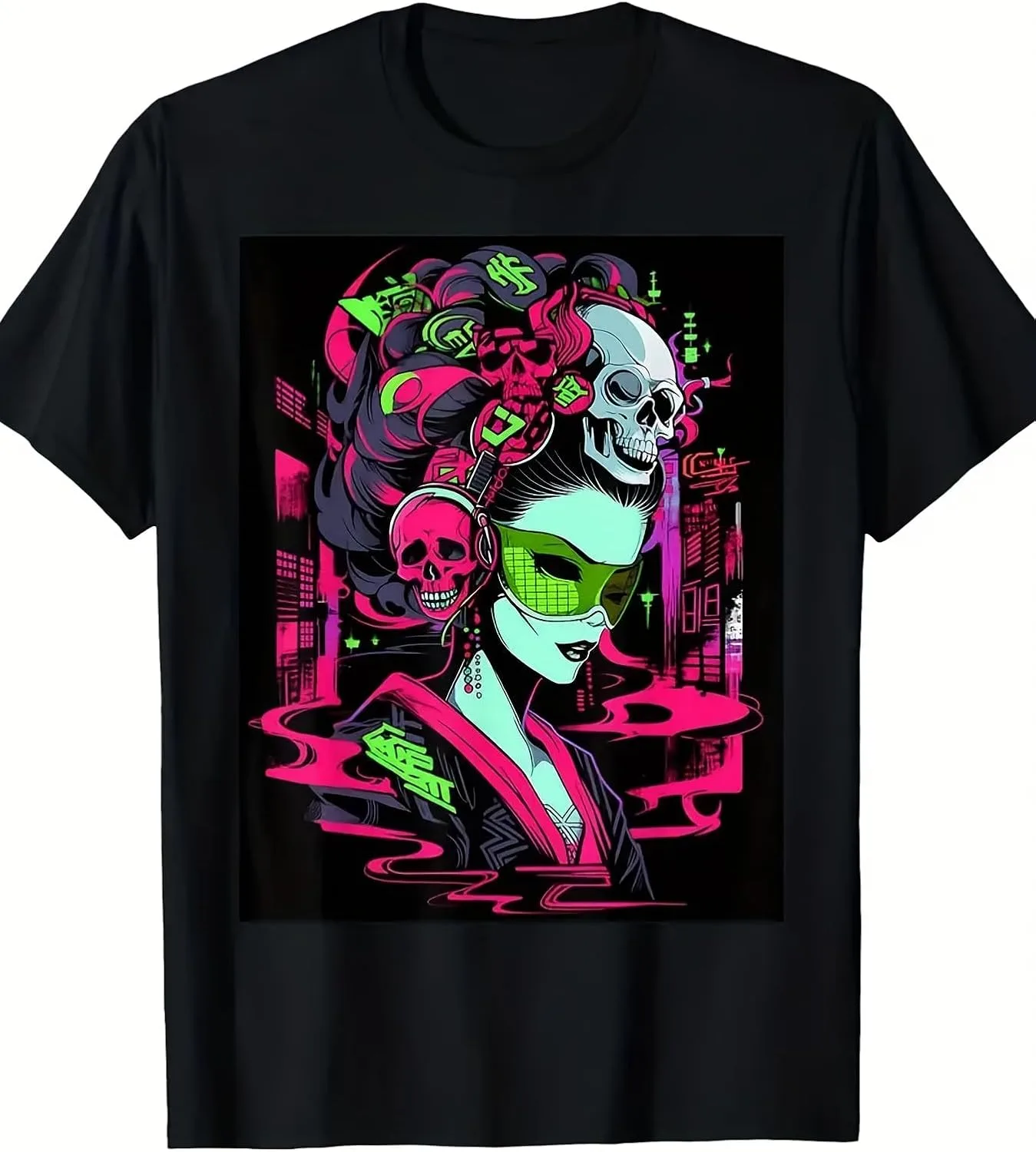 

Футболка Cyberpunk Geisha Skull, Neon Goth Streetwear NEKO MENA