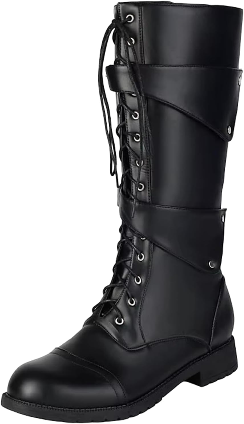 

Мужские ретро ботинки для верховой езды с круглым носком, средним каблуком, молнией и шнуровкой, заклепками и металлическим декором, повседневные рыцарские ботинки Generic, черный