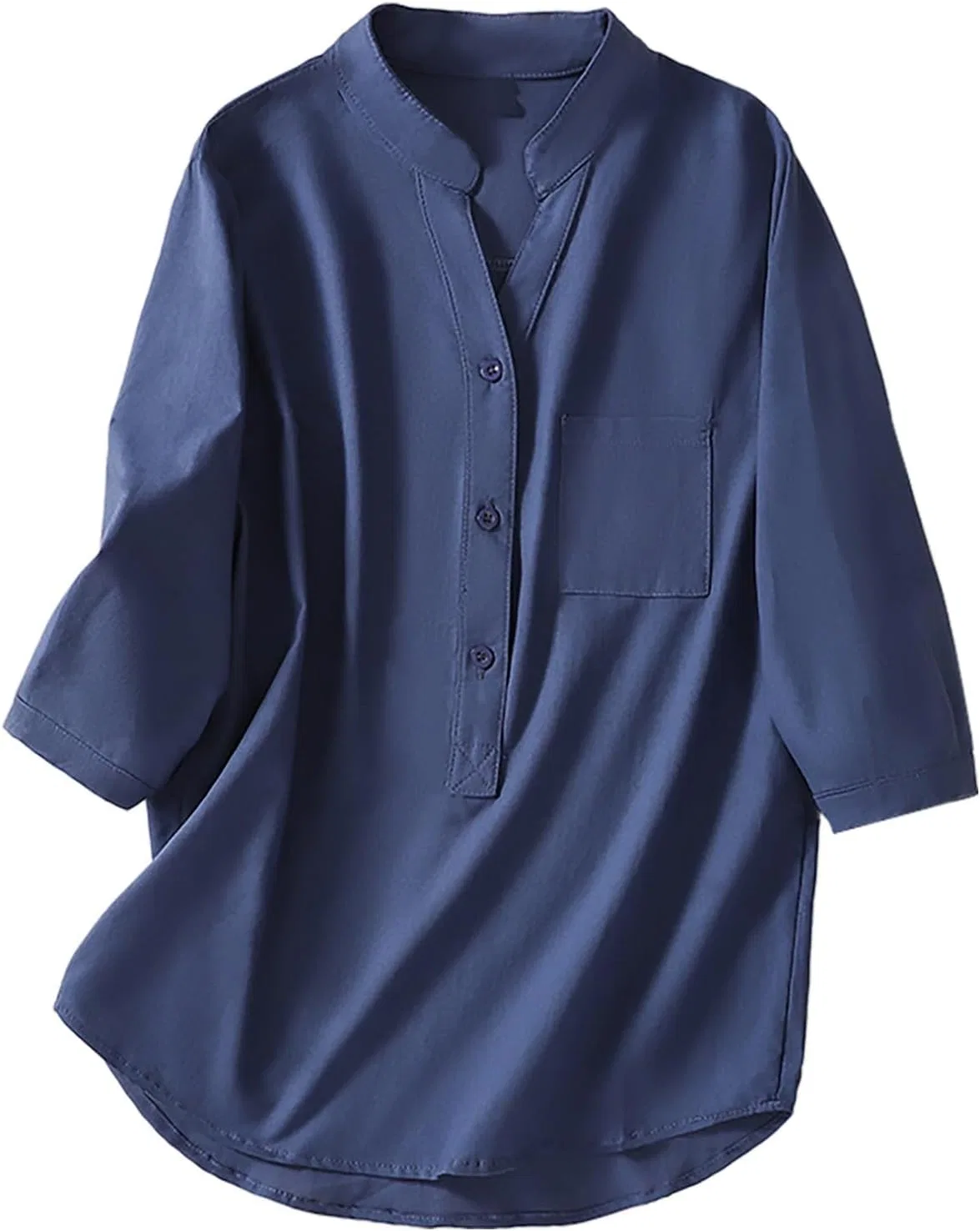 Блуза с воротником-стойкой, Cotton and Linen Women Shirt, темно-синий