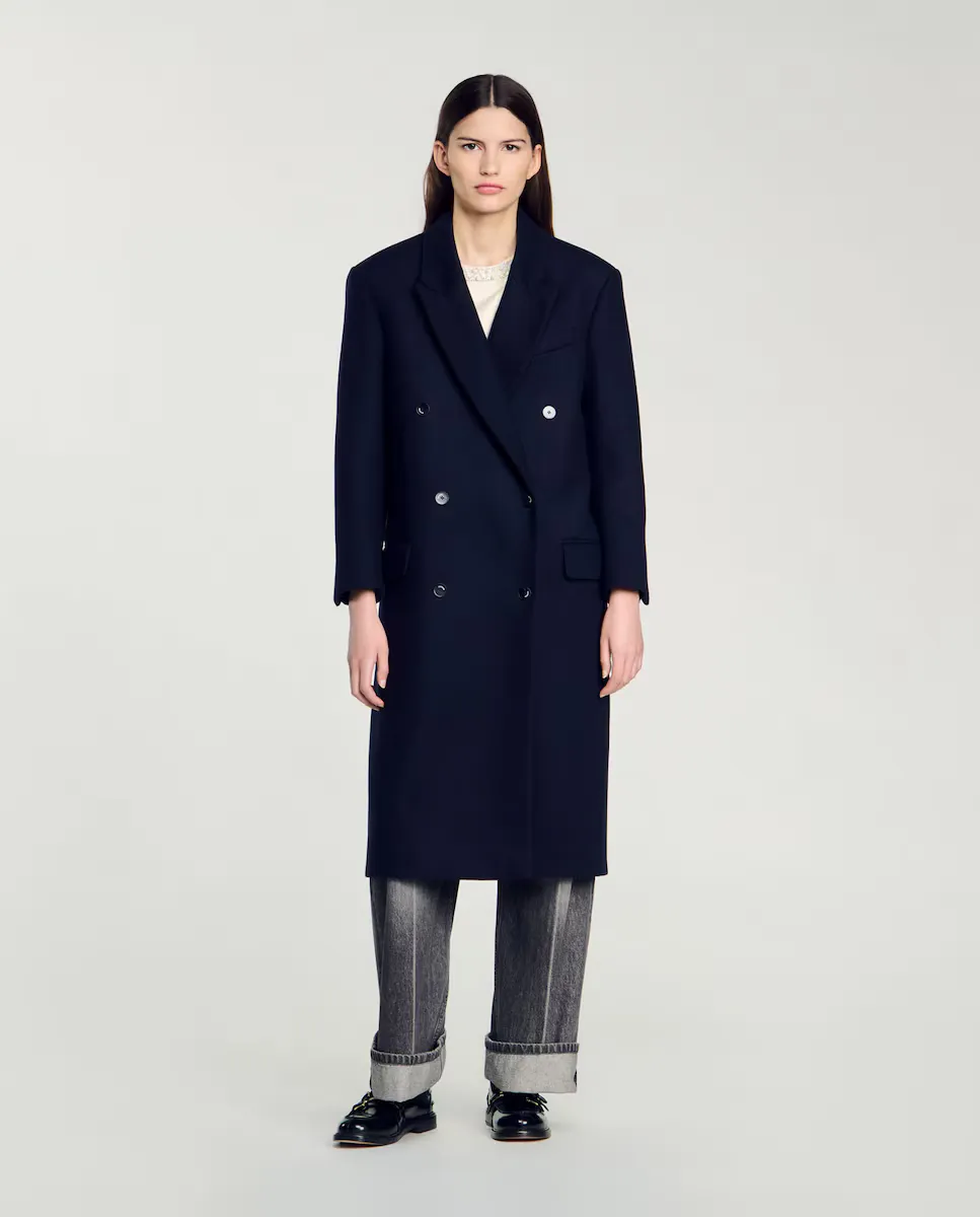 

Длинное женское тканевое пальто из смесовой шерсти Sandro, темно-синий