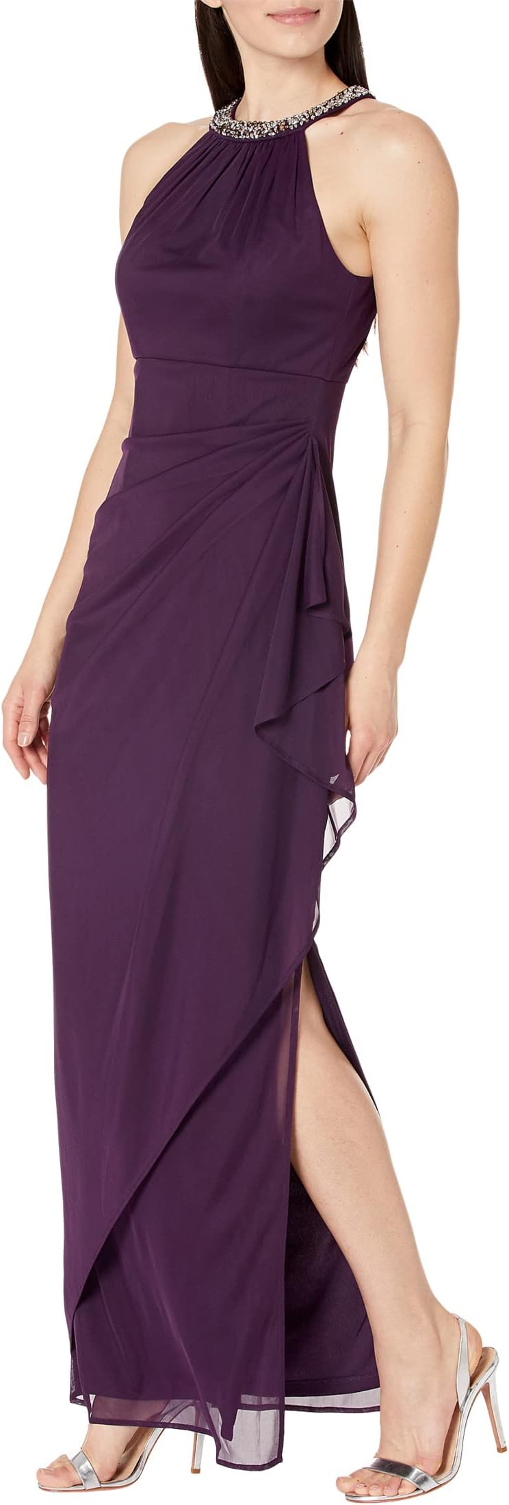 

Платье Alex Evenings Beaded Halter Long Gown with Side Ruching, цвет Eggplant