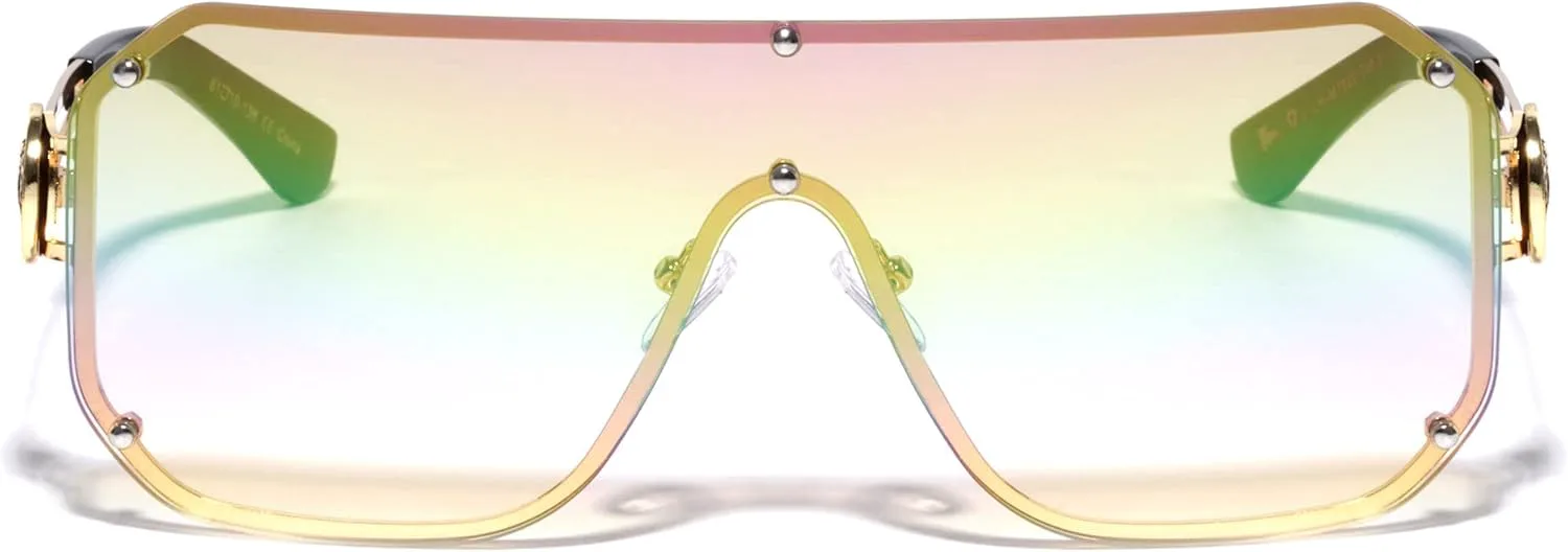 

Kleo Regent - Солнцезащитные очки в стиле хип-хоп с плоской оправой, украшенные заклепками, с медальоном в виде головы льва и боковыми панелями, Iridescent