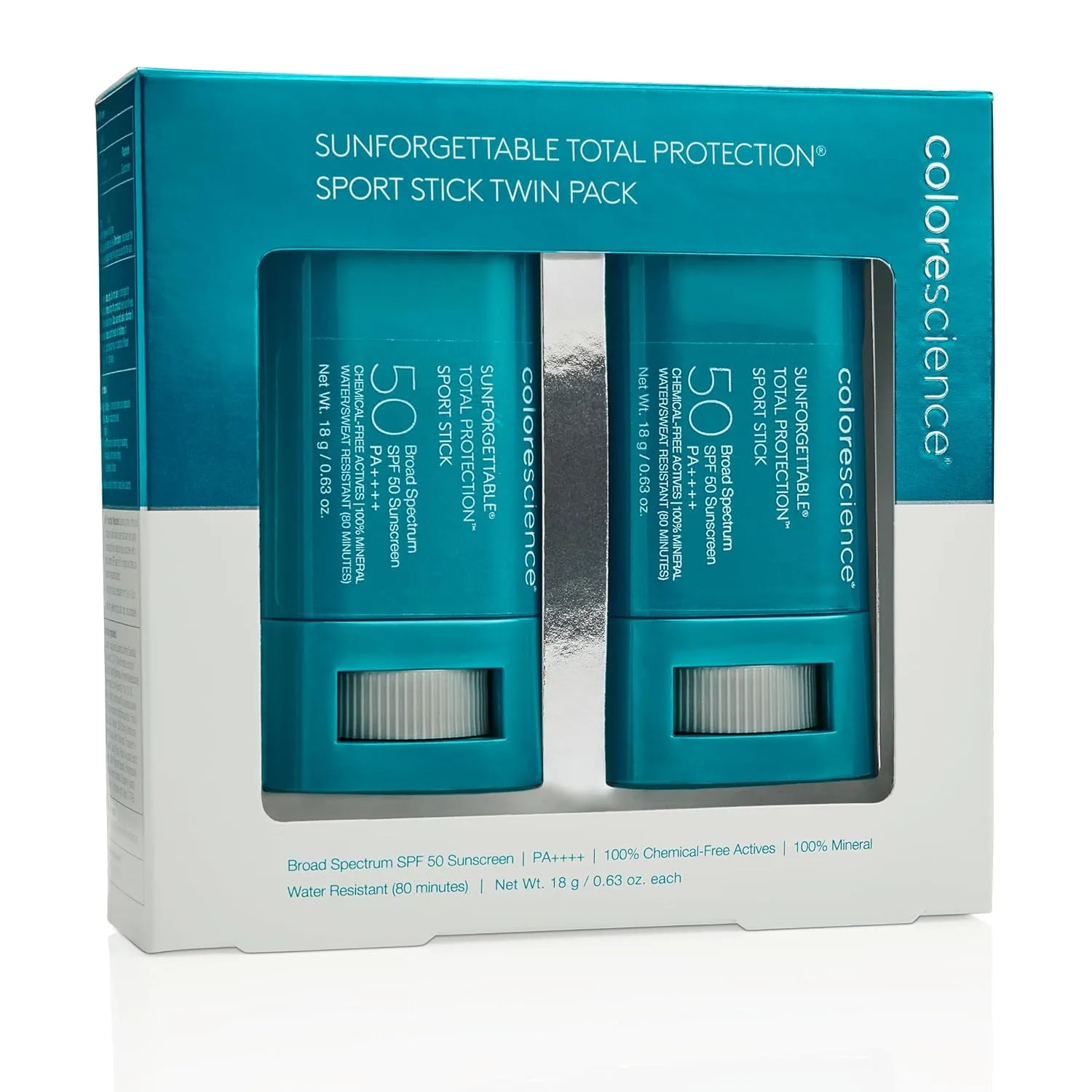 Солнцезащитный стик Colorescience Sunforgettable Total Protection Sport Stick SPF 50, минеральный, широкого спектра действия, водо- и потоустойчивый, безопасен для коралловых рифов, гипоаллергенный. 2 шт. (1 шт.), white