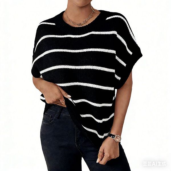 

Женский свитер с рифлением, круглым вырезом, коротким рукавом, свободного кроя, с цветочным узором Yesfashion, Black Stripes