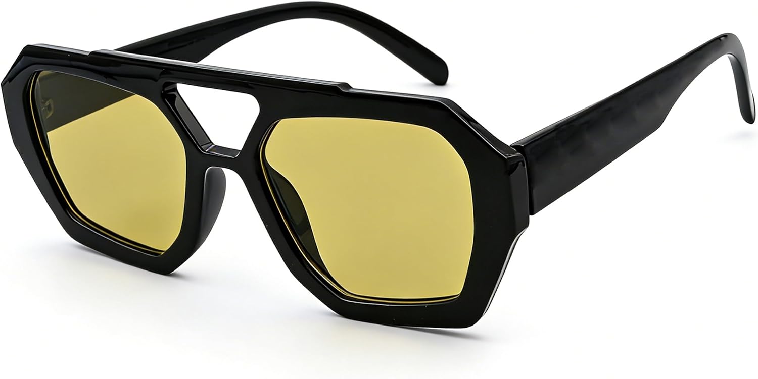 

Модные шестиугольные солнцезащитные очки-авиаторы для женщин в стиле 70-х годов, толстая квадратная оправа, двойная перемычка Teumire, A05 Black Frame/Green&yellow Lens