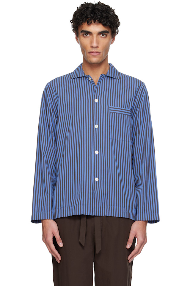 

Tekla Синяя пижамная рубашка из поплина с длинными рукавами