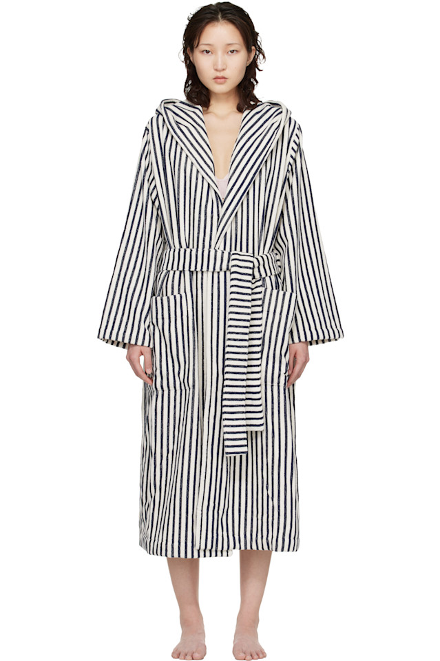 

Tekla Белый и темно-синий махровый халат с капюшоном