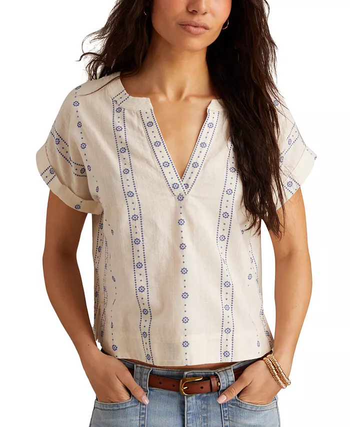 

Женская блуза с вышивкой из хлопка и манжетами на рукавах Lucky Brand, белый