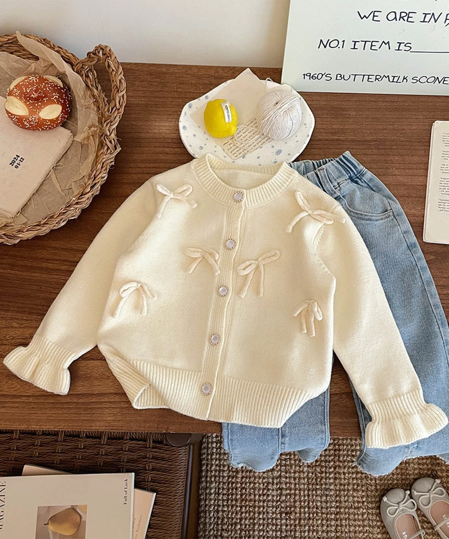 Кардиган с бантом в виде конфетной рукавицы Aimoha Kids, off white — фото 2