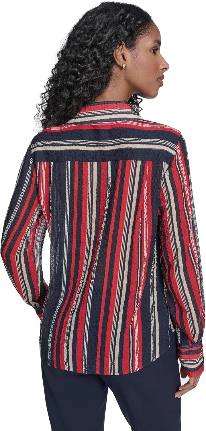 Блуза поло, длинный рукав, полосатая, Tommy Hilfiger, темно-синий/алый — фото 4