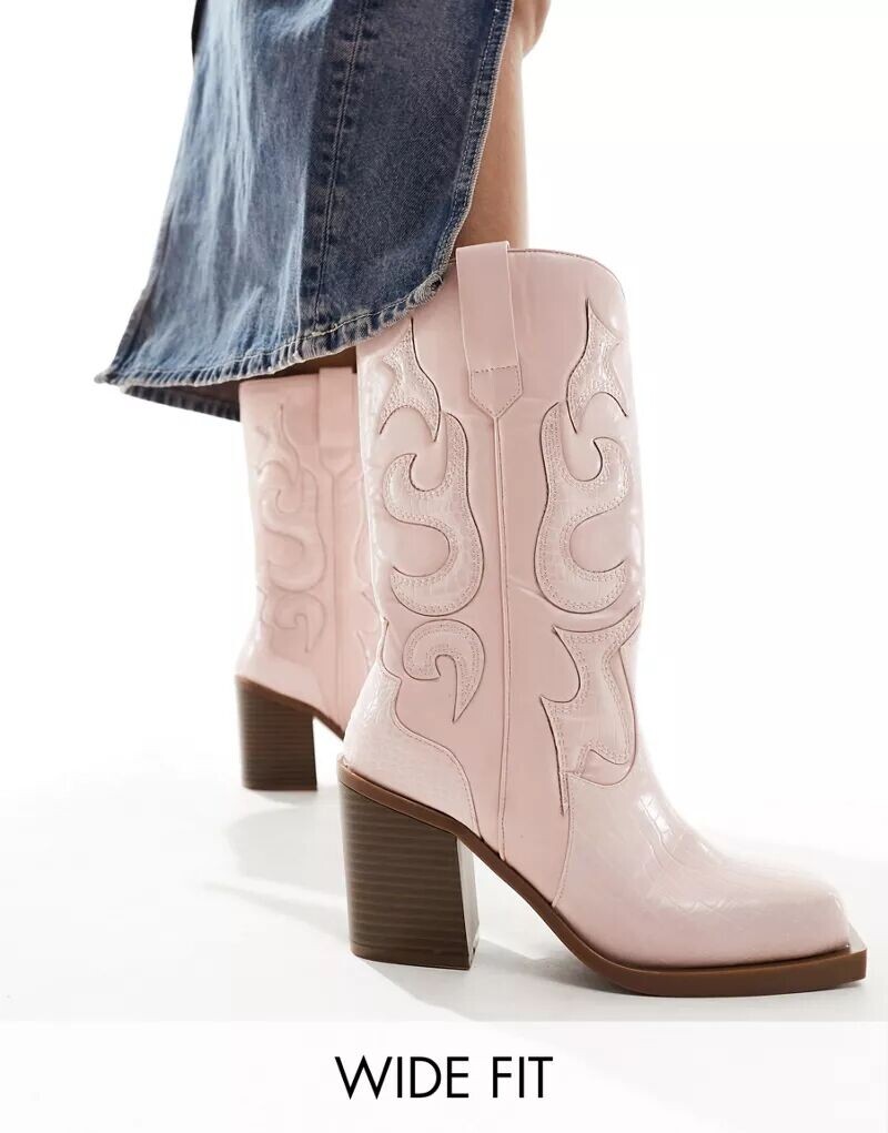

Широкие ботильоны Public Desire Texas розового цвета со змеиным принтом до щиколотки Public Desire Wide Fit