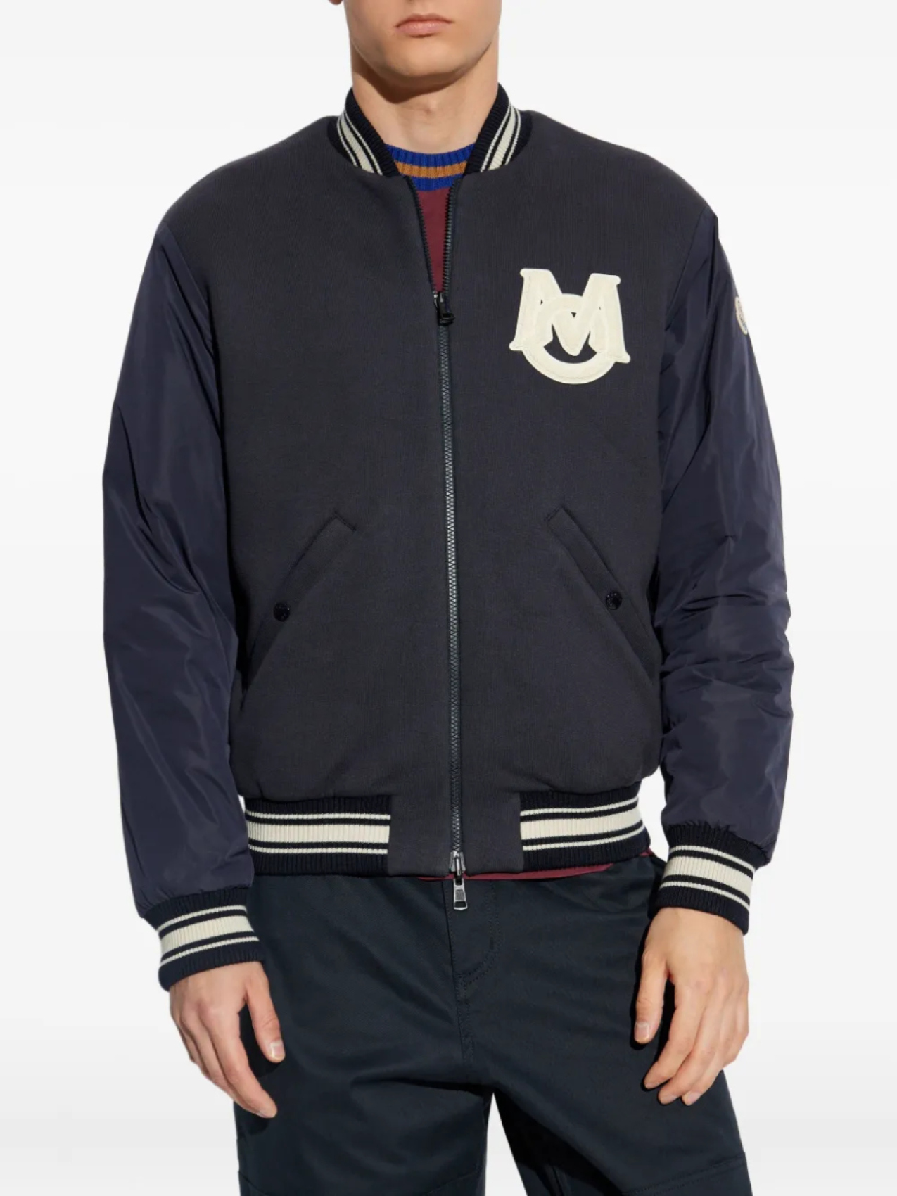 Полосатая куртка-бомбер из трикотажного полотна Moncler, синий — фото 4
