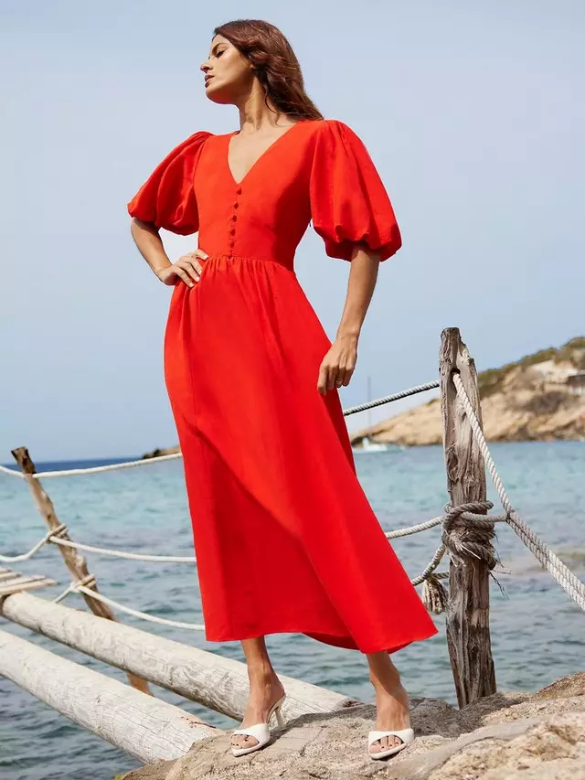 

Платье Ro&Zo Puff Sleeve Linen Blend Midi, красный