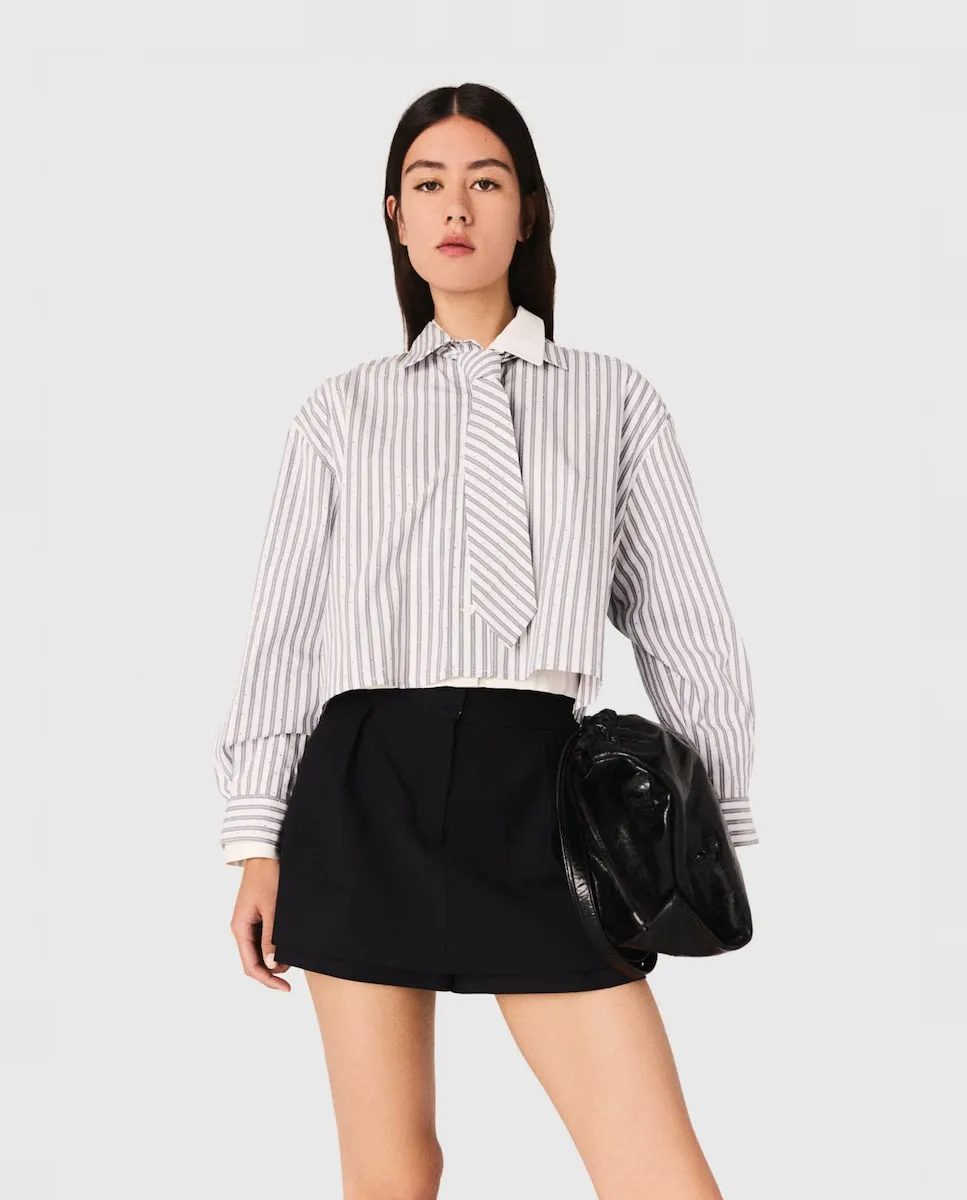 

Женская рубашка в полоску с стразами и галстуком Maje, белый/черный