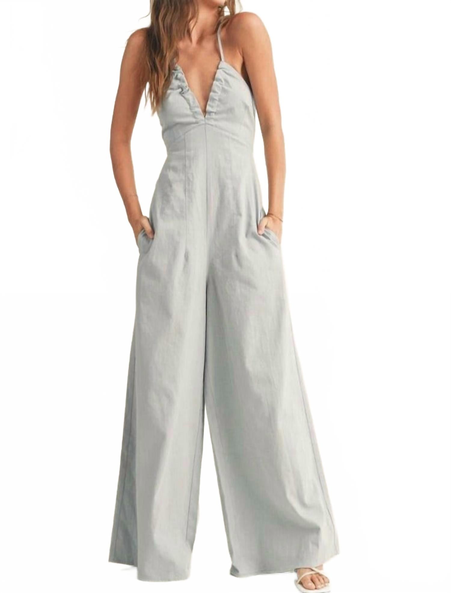 

Выстиранный хлопковый комбинезон-халтер в светлом дениме MIOU MUSE, Light Denim