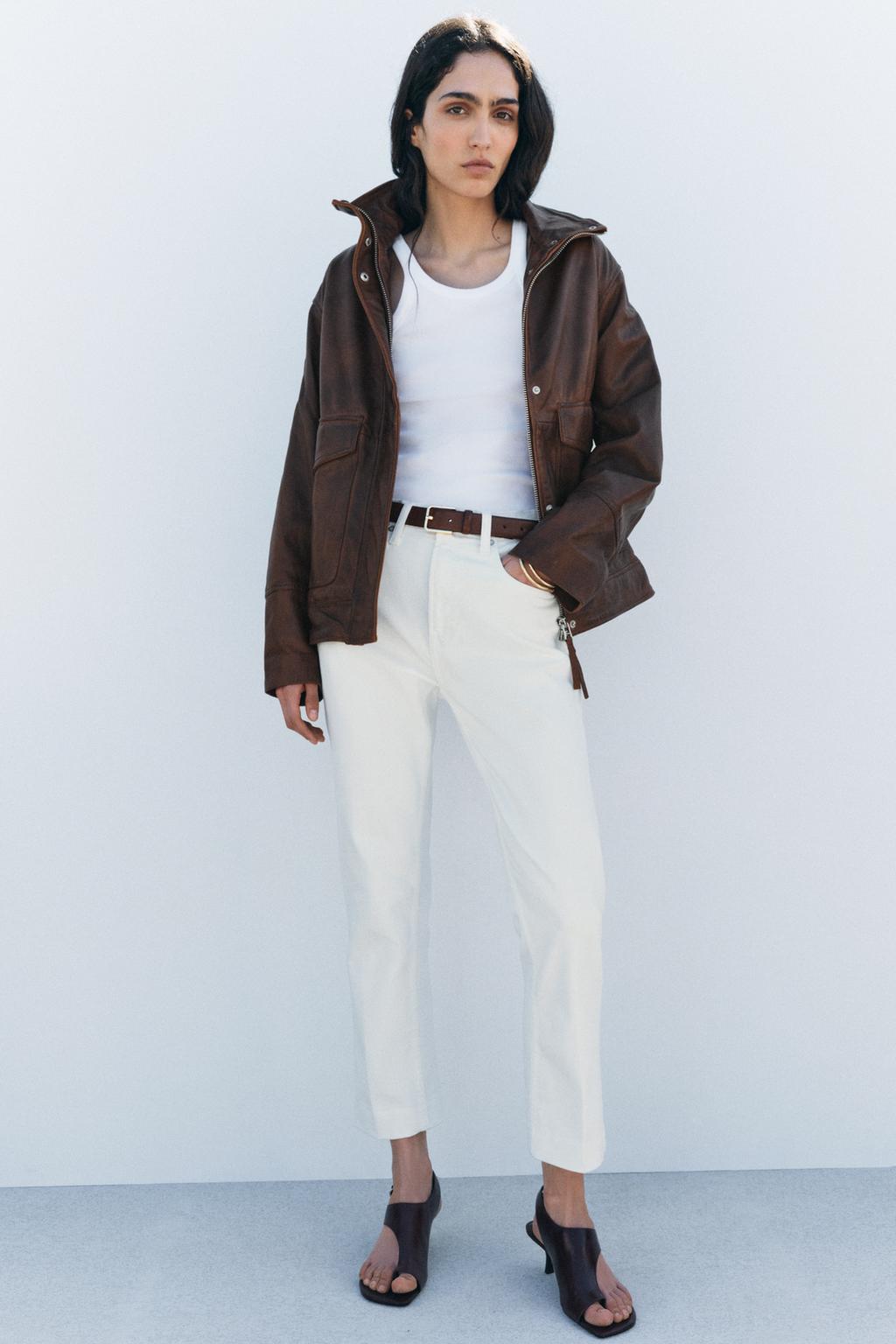 

Укороченные джинсы с высокой талией ZARA, белый