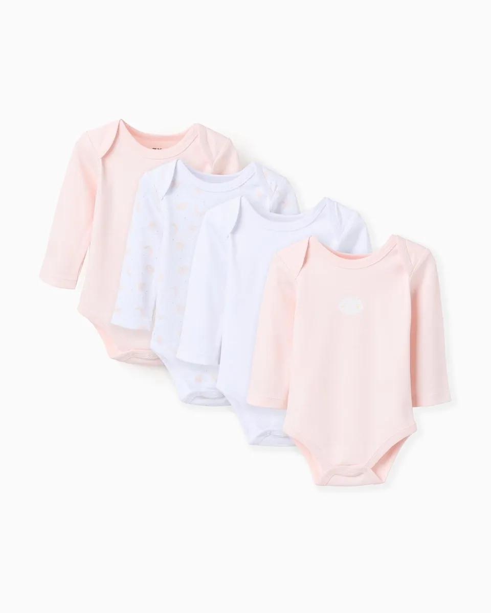 

Набор из 4 боди для девочки, 100% хлопок, перекрещенные плечи, рисунок луна/звезда Zippy, розовый