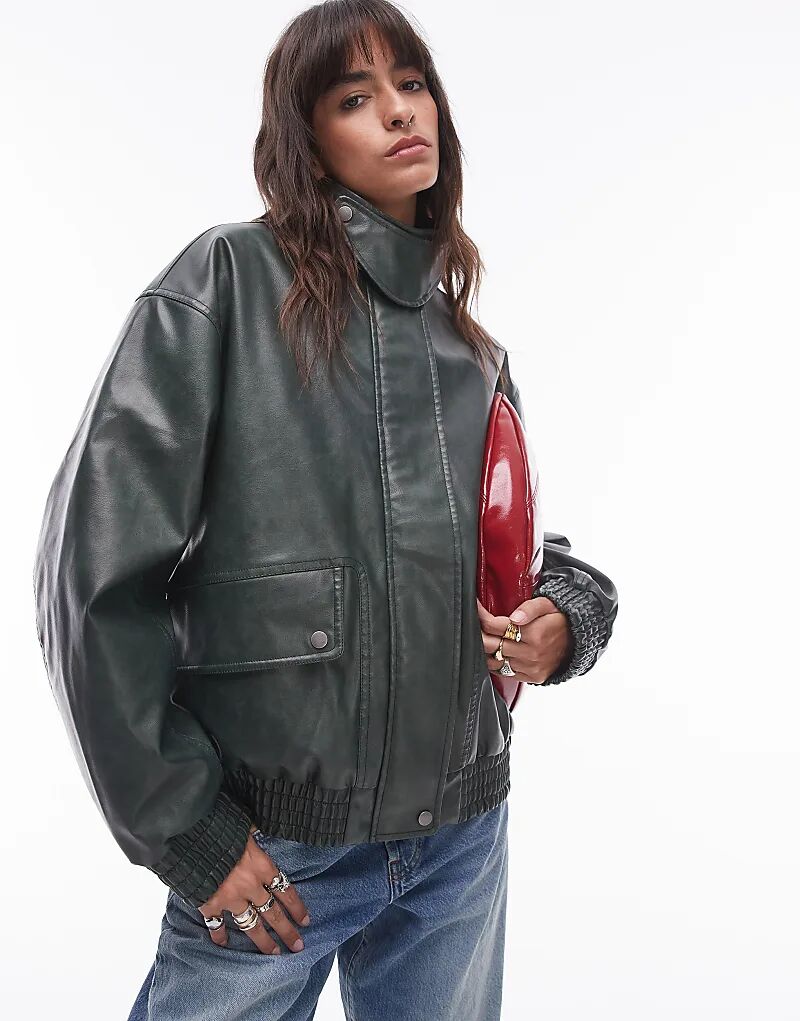 

Куртка-бомбер свободного кроя из искусственной кожи зеленого цвета Topshop