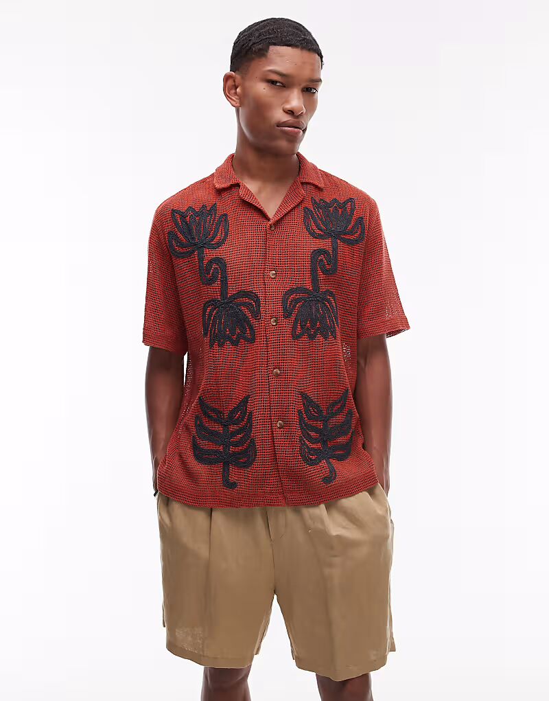 

Topman рубашка с короткими рукавами, связанная крючком, с цветочным узором цвета ржавчины