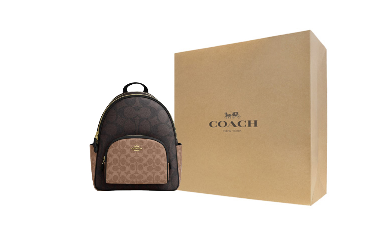 

COACH Сумка рюкзак из искусственной кожи большого размера для женщин цвет орех с желтым оттенком