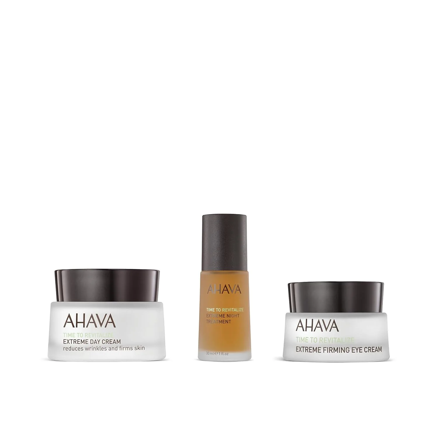 Набор AHAVA Extreme включает в себя дневной крем Extreme, ночной крем Extreme и укрепляющий крем для глаз Extreme.