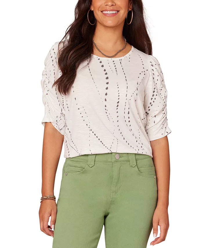 

Укороченный топ с принтом, сборчатыми рукавами и круглым вырезом Petite Printed Ruched-Sleeve Scoop-Neck Top Democracy, коричневый/бежевый