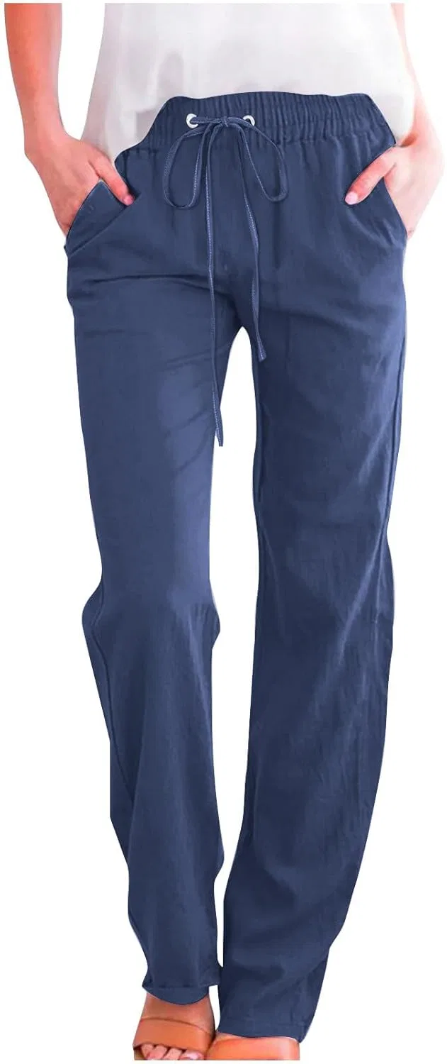 Женские прямые брюки Cotton Linen, высокие, с карманами, #04 Blue