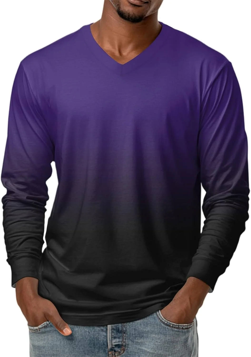 

Ymosrh Мужская футболка с длинным рукавом и градиентом, V-образный вырез, M-3XL