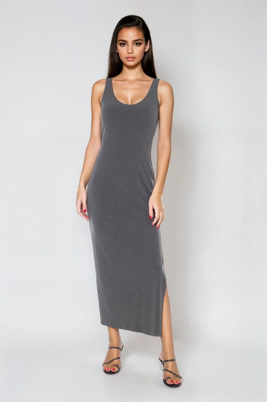 

Женское макси-платье с V-образным вырезом и ребристой текстурой Bebe, Charcoal