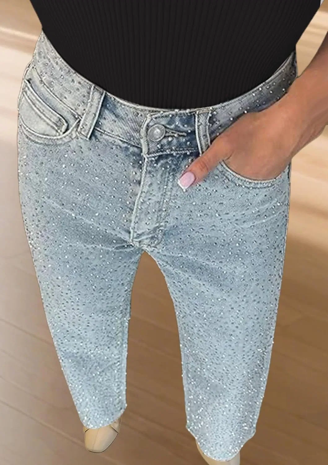 Джинсы блестящие, Womens Rhinestone Jeans Baggy Y2K High Waisted Straight Wide Leg Sparkly Bling Glitter Jeans Casual Denim Pants, Blue — фото 4