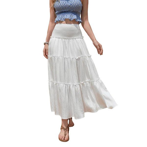 

Длинная юбка для женщин boho maxi skirt swing tiered a-line на резинке с высокой талией и карманами Yesfashion, White