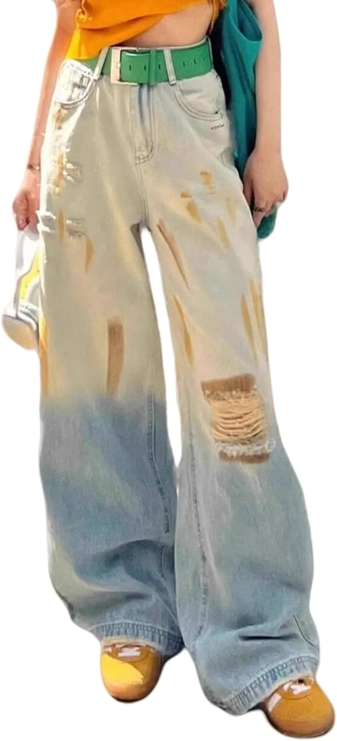 

Ретро джинсы с градиентом, рваные, широкие, прямые, высокие Qualitup