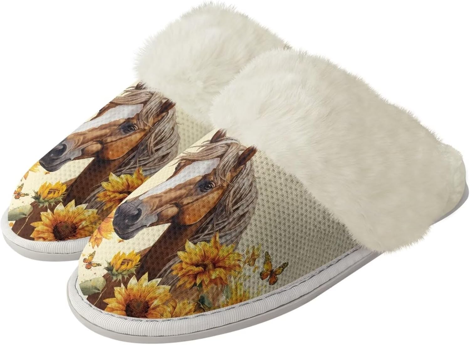 

Домашние тапочки для мужчин и женщин, зимние теплые тапочки на плоской подошве, мягкие плюшевые, закрытый носок, домашняя обувь с резиновой подошвой против скольжения для спа и ванной Watdotory, Sunflower Horse
