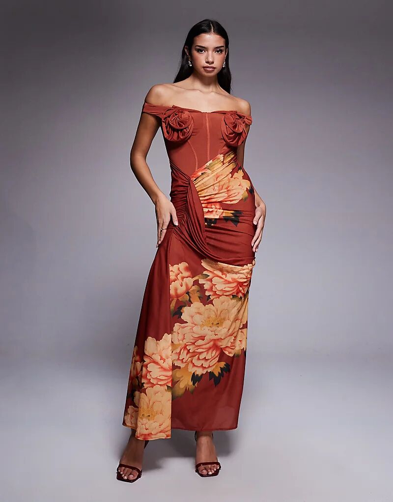 

Платье макси ASOS DESIGN с цветочным принтом, вырезом на груди и драпированной юбкой