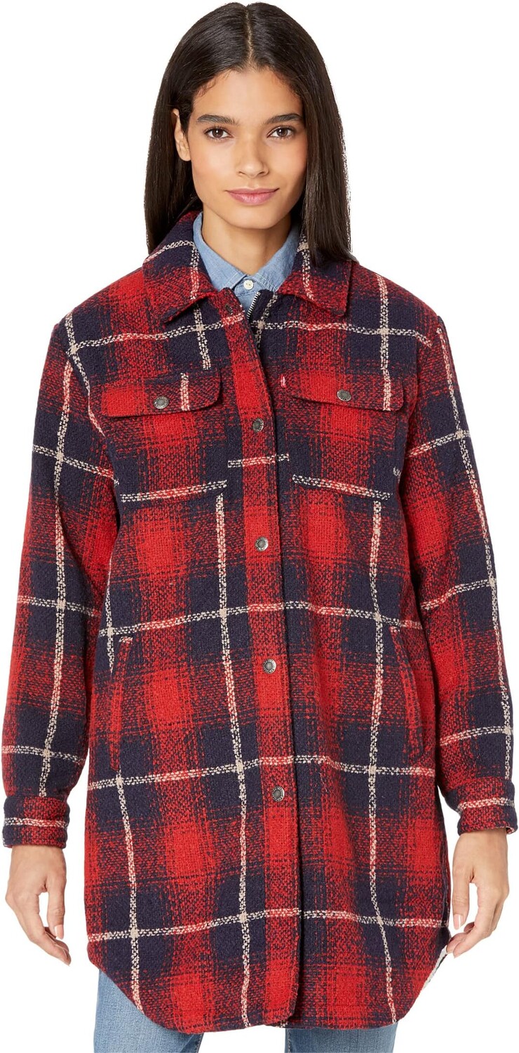 

Куртка Levi's Oversized Wool Blend Shirt Jacket w/ Sherpa Lining, цвет Red/Navy Shadow Plaid